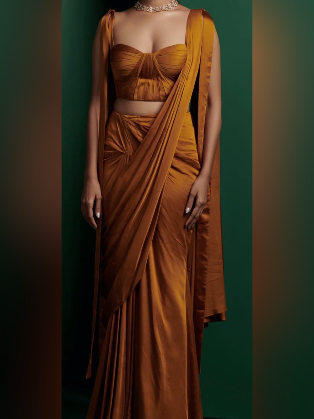 Women's Satin Draped Saree in Golden/Mustard yellow